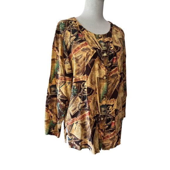 Auqust Silk Petites Vintage Navigation theme Long Sleeve Button-up Blouse Sz PS - Picture 3 of 13